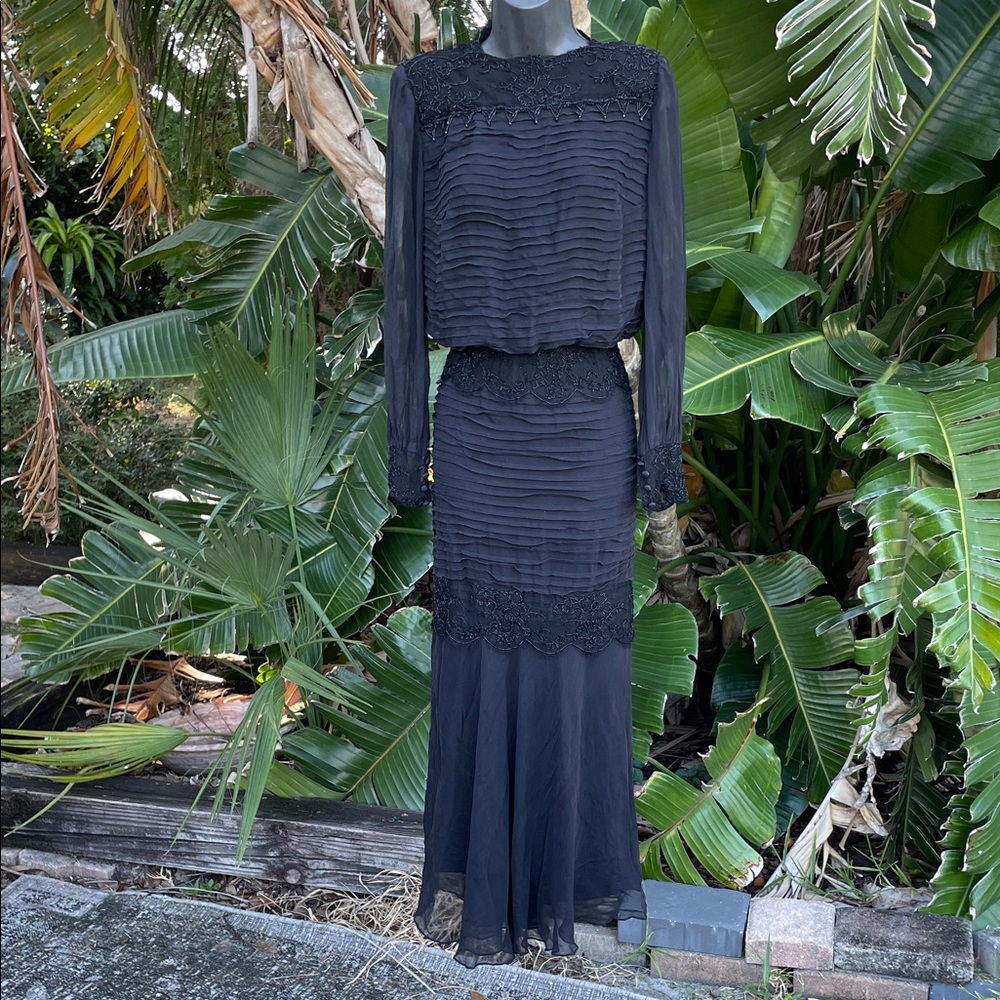 Vintage Rhonda Baum beaded silk Victorian trumpet gown